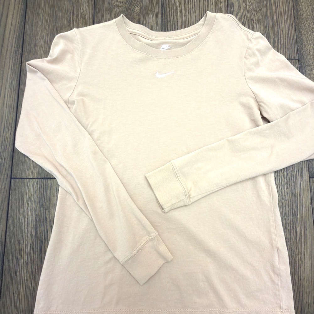 Nike Womens Small Tan Long Sleeve Embroidered Center Swoosh Cotton T-Shirt